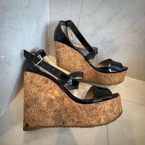 Jimmy Choo Portia Black Patent Leather Cork Wedge Sandal Ankle Strap 39